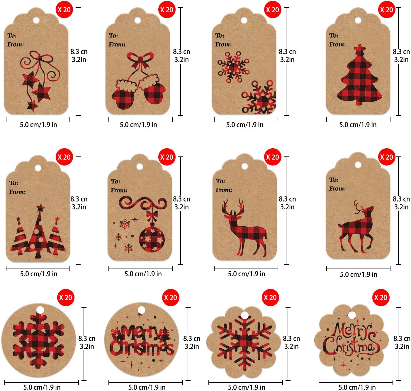 LOKIPA 120 Pieces Christmas Kraft Paper Gift Tags Hang Labels with Red and Black Plaid Snowflake Christmas Tree Elk Patterns and 230 Feet Twine Rope for Christmas