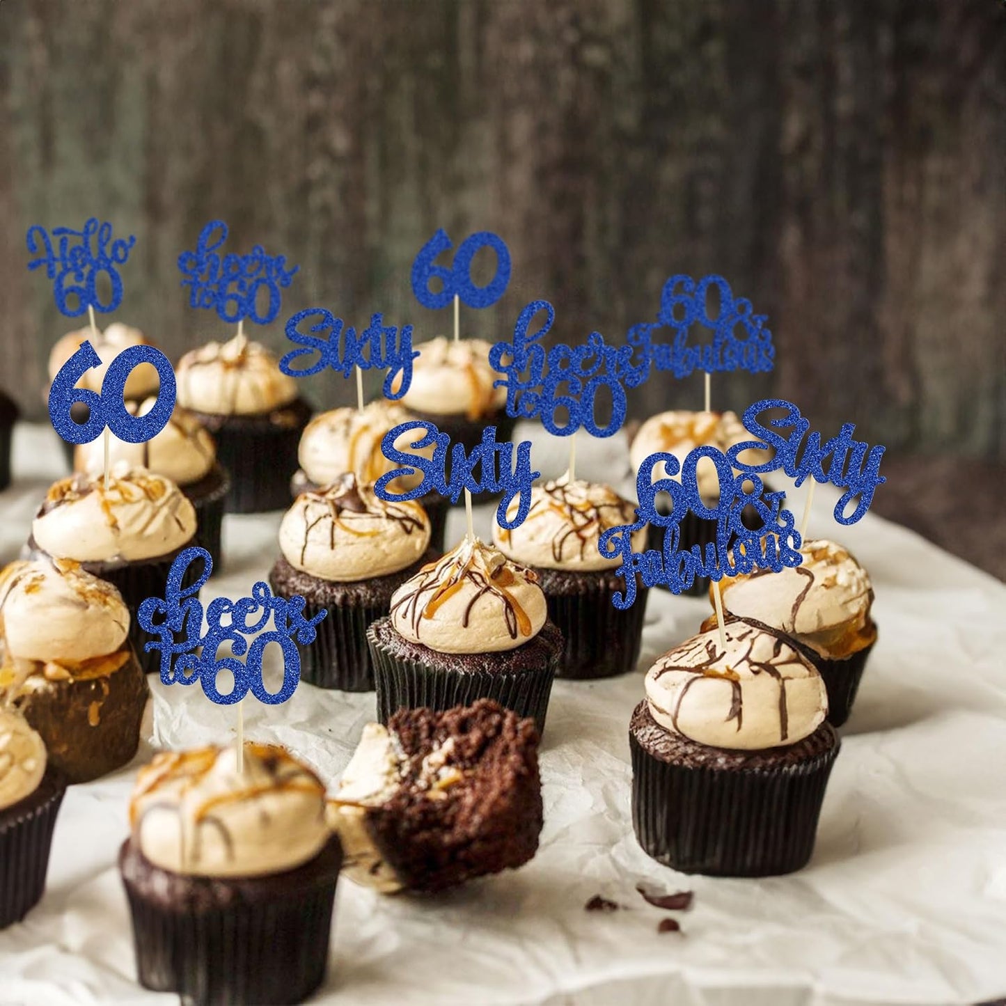 30Pcs Happy 60th Birthday Cupcake Toppers Deep Blue Glitter Sixty Cake Toppers Cheers to 60 Years Old Birthday Cupcake Picks for 60th Birthday Anniversary Party Cake Decorations Supplies