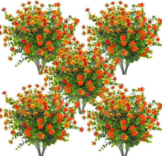 10 Bundles Artificial Fake Flowers, Faux Outdoor Plastic Plants UV Resistant Shrubs Outside Indoor Decorations (Orange-Eucalyptus)