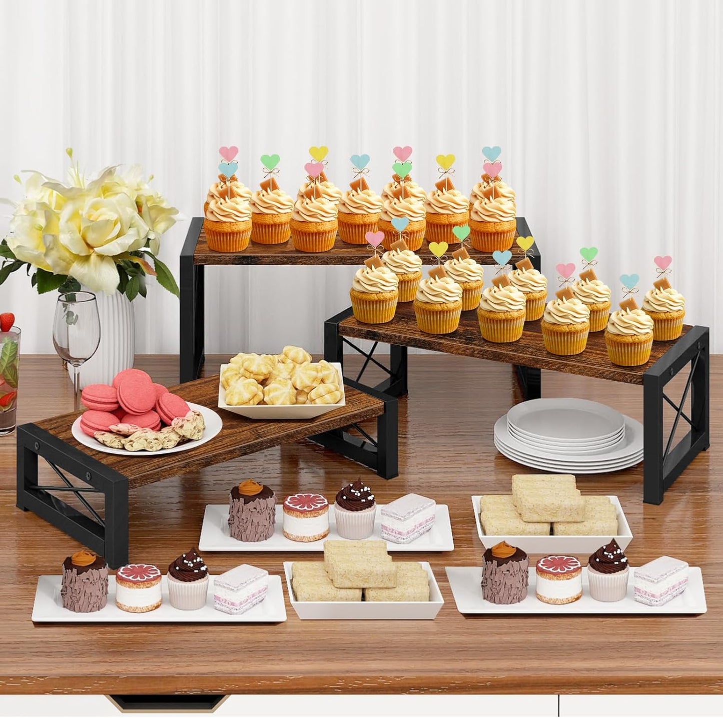 ELITEROO 3 Tier Cupcake Stand & Wood Display Risers, Dessert Stands for Cup Cake or Food, Riser Display Stand for Perfume Collectibles, Tiered Shelf Organizer for Market Retail Vendors, Rustic Brown