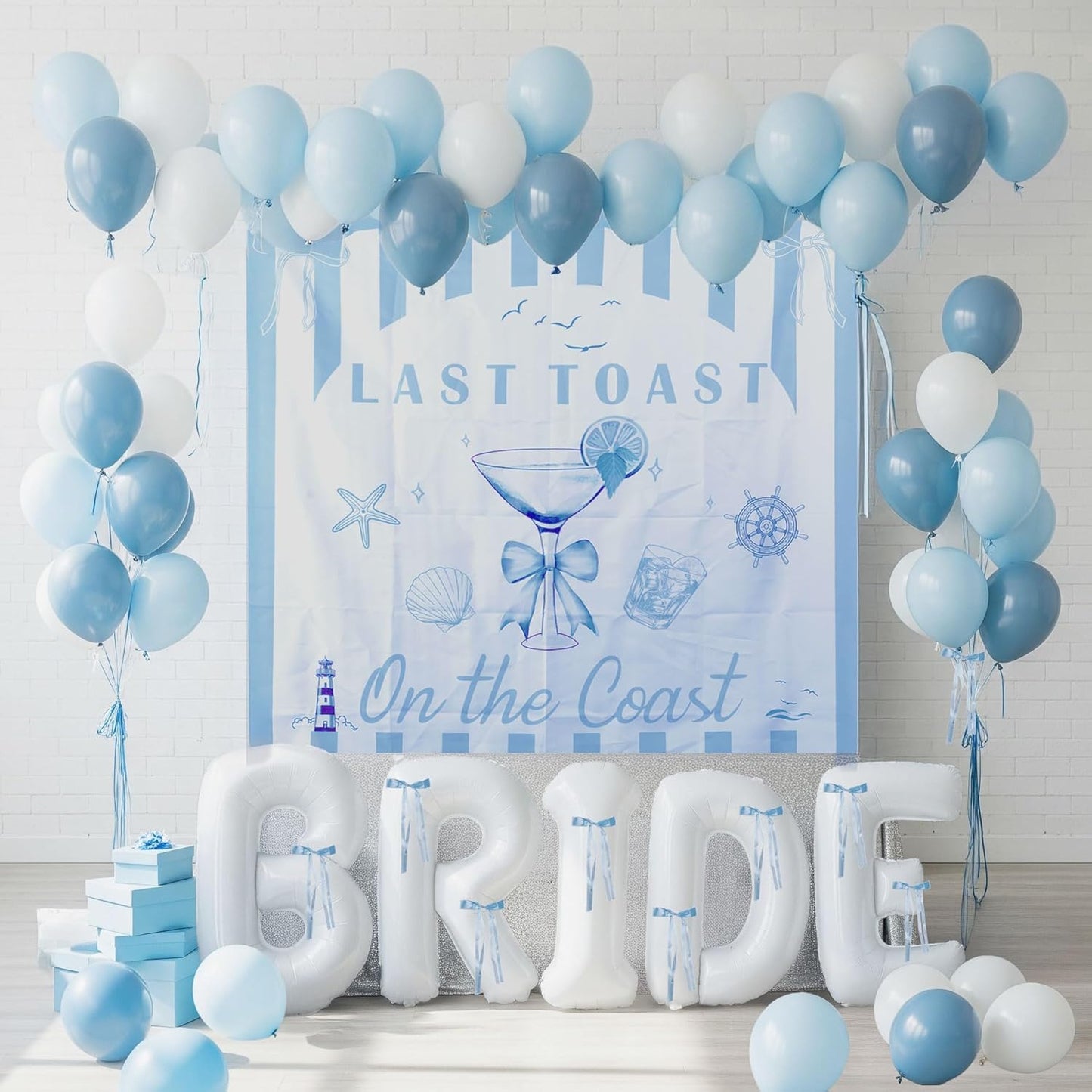 Last Toast on the Coast Bachelorette Decorations Blue bridal shower Balloon Garland Kit with 1.5m Backdrop Huge 40 inch BRIDE letter balloons for Hen Party Wedding Engagement supplies