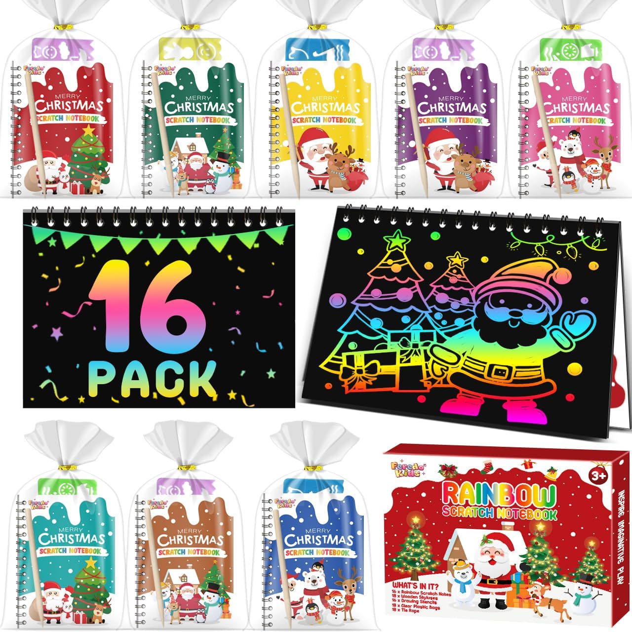 Party Favors for Kids: 16 Pack Christmas Rainbow Scratch Art Notebook Classroom School Supplies Bulk for Girls Boys Goodie Bags Stuffers, Return Gifts for Birthday Party Gift Kid Crafts