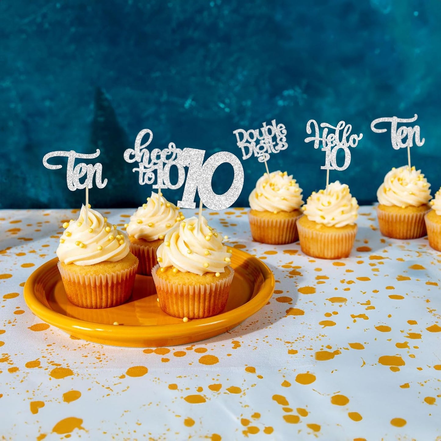 30Pcs 10th Birthday Cupcake Toppers Ten Double Hello 10 Cupcake Picks Cheers to 10 Years Old Cake Decorations for 10th Birthday Party Supplies Silver Glitter