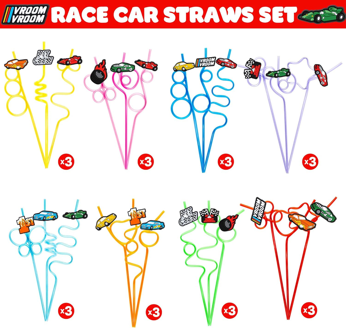 24 PCS Race Car Drinking Crazy Straws for Kids Racing Pit Crew Checkered Flag Race Car Themed Birthday Party Supplies Favors Decorations with 24 PVC Cute Charm, 2 Cleaning Brushes Reusable Straw