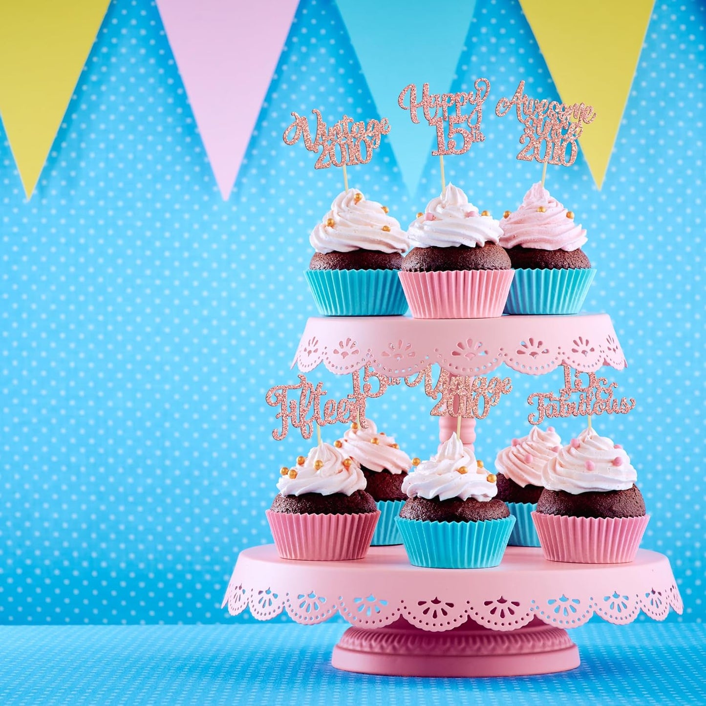 30Pcs Vintage 2010 Cupcake Toppers Glitter Fifteen 15 Fabulous Happy 15th Birthday Cupcake Picks Cheers to 15 Years for 15th Birthday Anniversary Party Cake Decorations Supplies Rose Gold