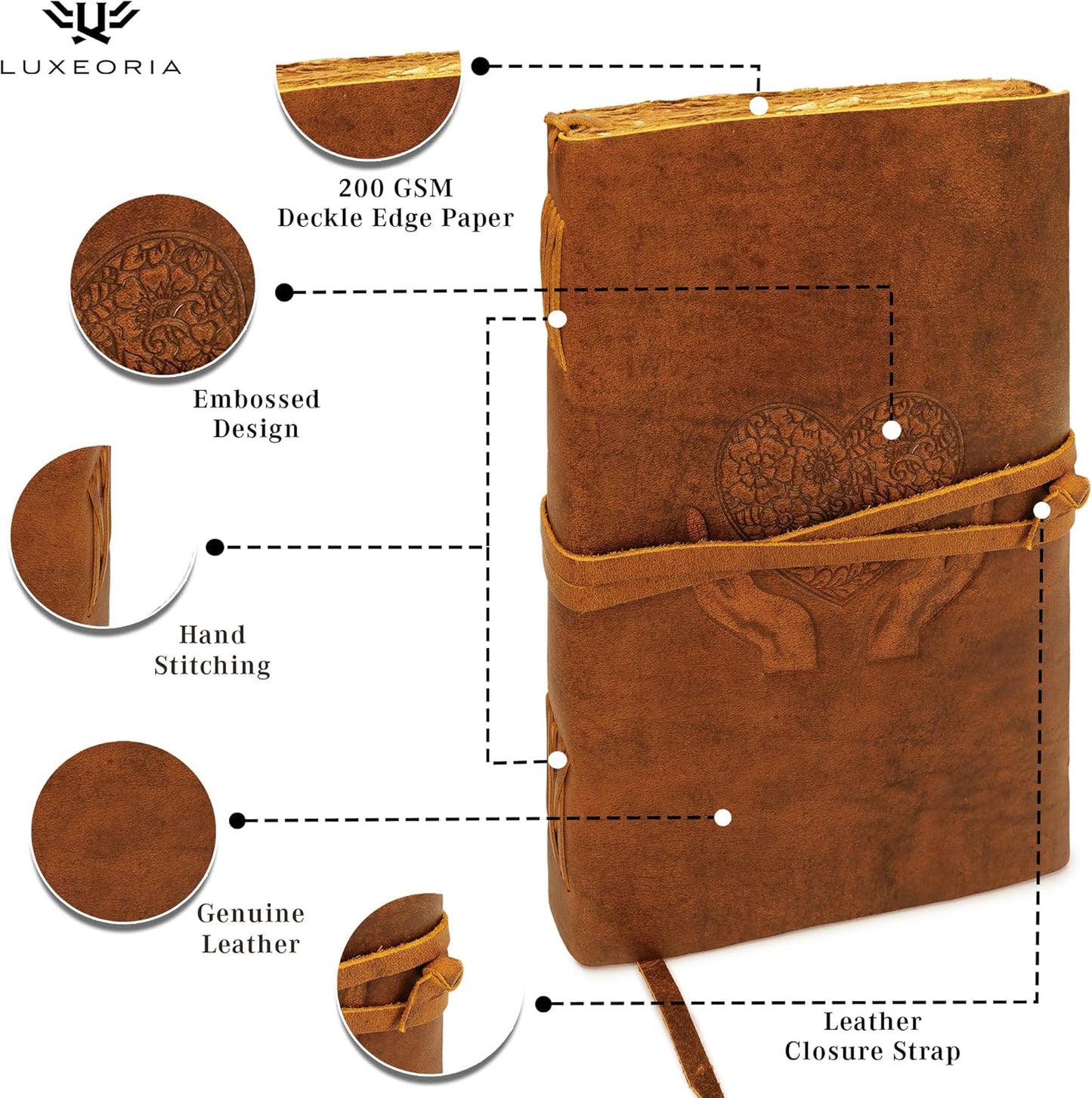 LUXEORIA Heart Journal for Women and Men, Handcrafted Leather Journal for Writing Womens, Sketchbook, Travel Diary with Unlined Deckle Paper, Tan 8x13