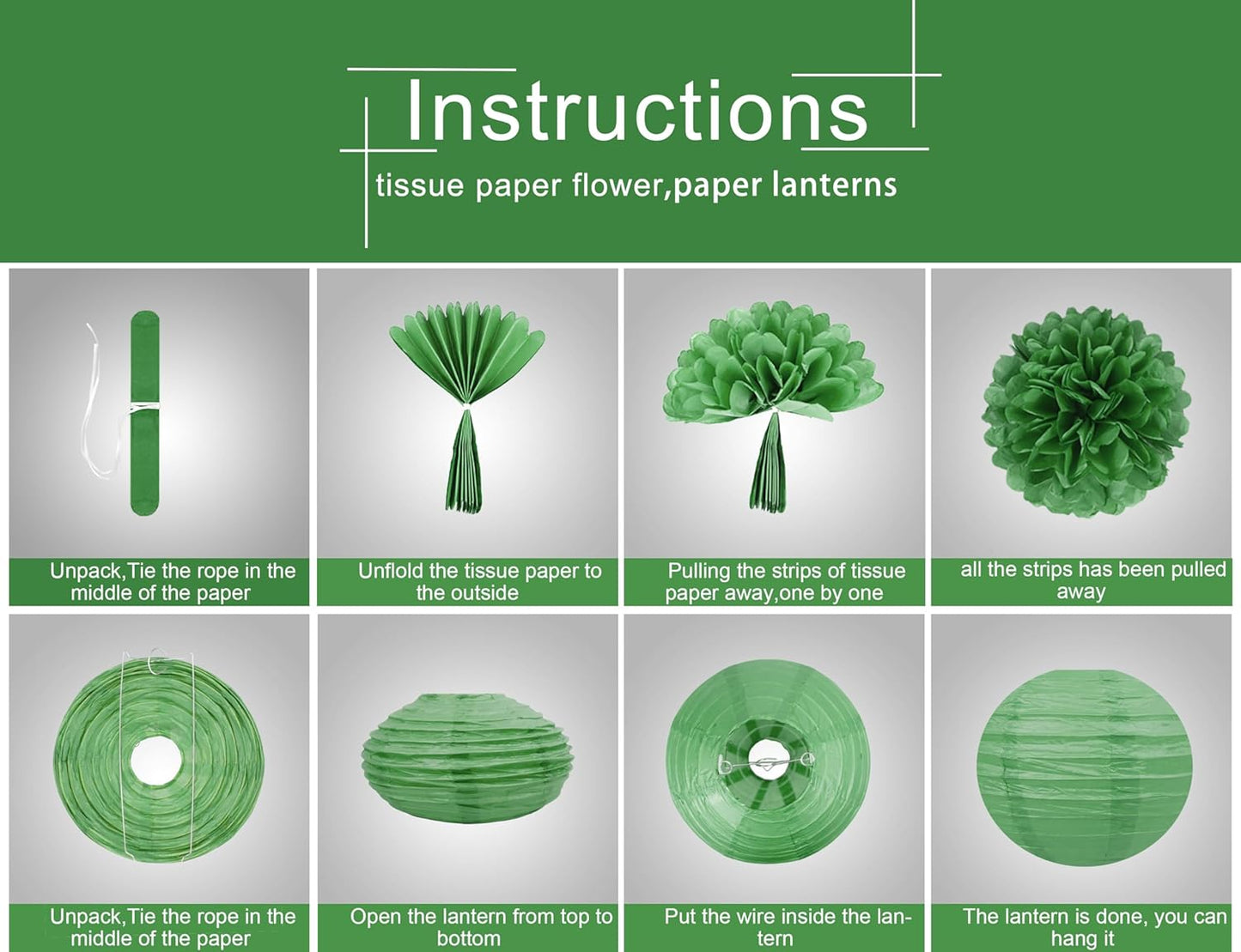 White Green Party Decoration - 15Pcs Tissue Pom Poms Paper Flowers Paper Lanterns Dinosaur Theme Birthday Baby Shower Forest Party Hanging Decor HongTongTong