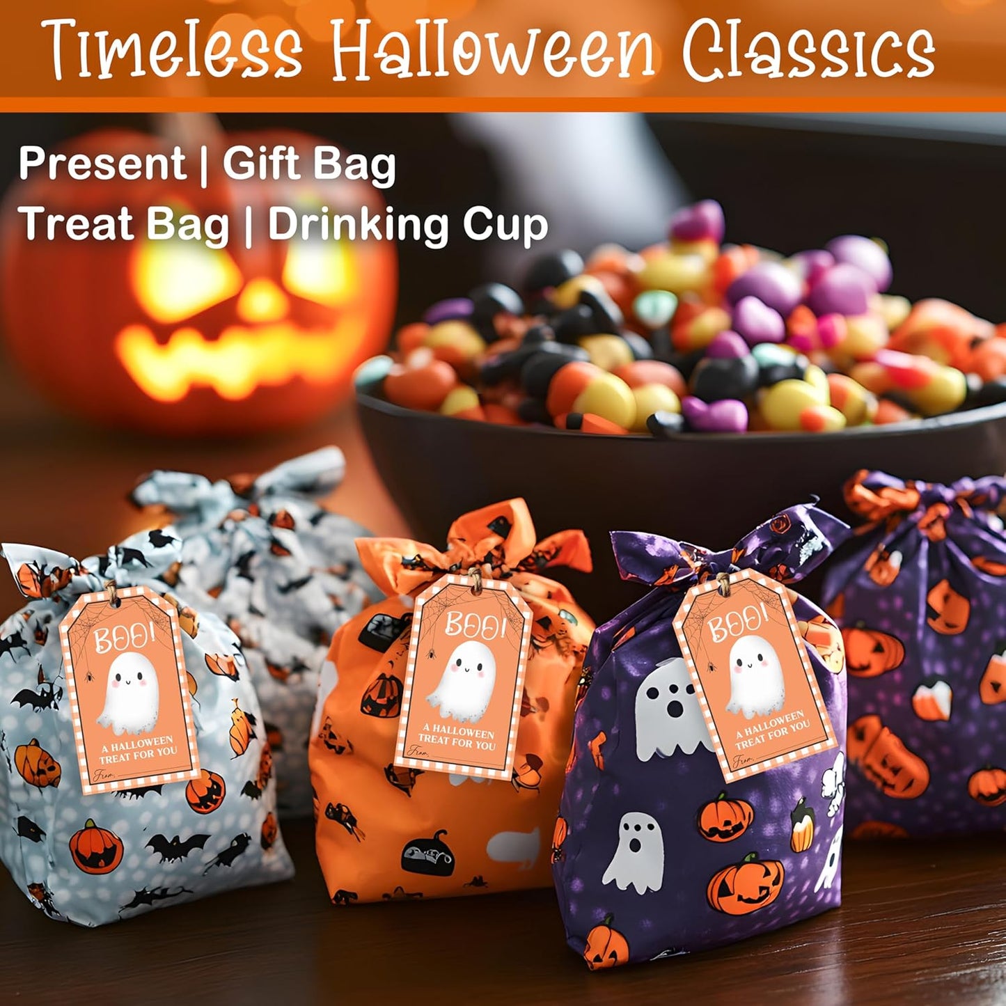 50 Pcs Halloween Tags with String, 2.1"×3.5" Boo Paper Gifts Tags, Ghost Trick or Treat for Candy, Halloween Gifts Tag Wrap for Party Favor - B08