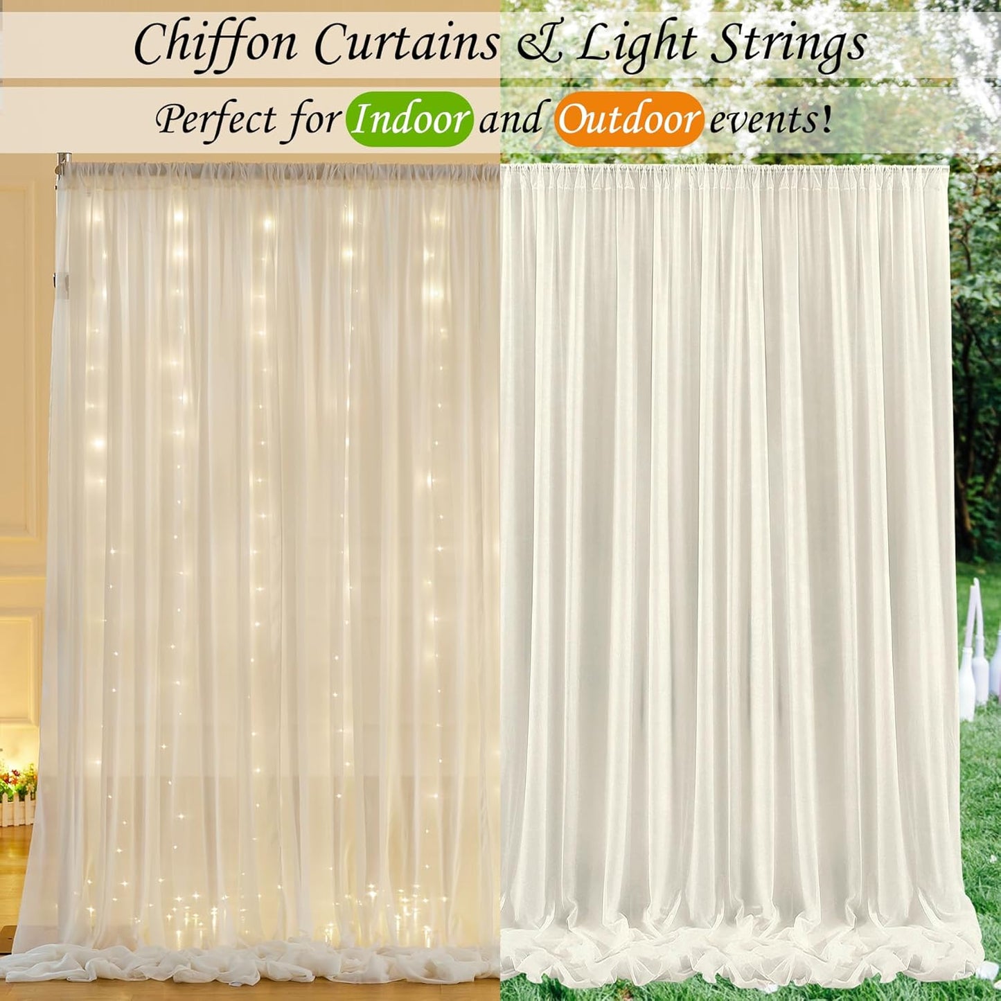 10ft x 10ft Ivory Chiffon Backdrop Curtain with Lights String for Parites Wedding Wrinkle Free Curtain Photo Backdrops Drapes for Baby Shower Birthday Party Home Decorations