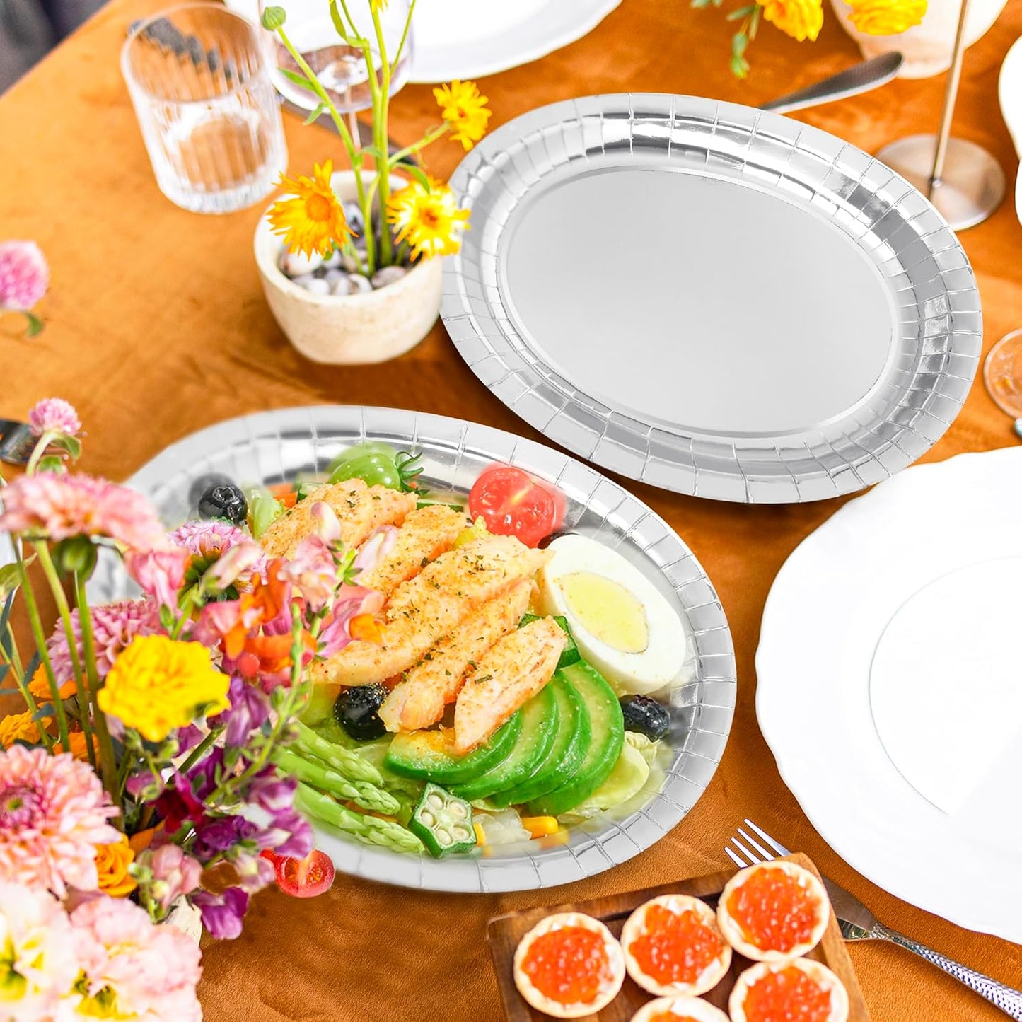50 Pcs Oval Large Paper Plates, 12.2'' X 10.2'' Silver Foil Paper Plates, Daily Dinner Plates Disposable Paper Plates Bulk Party Supplies for Wedding Silver Anniversaries Graduation Birthday Party