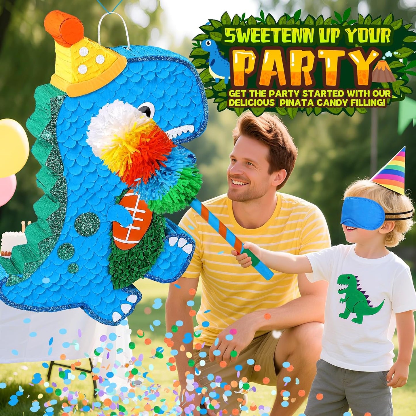 Large Dinosaur Pinata Bundle with a Blindfold, Bat (24 x16.5 x4 Inches), Dino Baby with Football Decorations for Boy Animal Theme Birthday Party