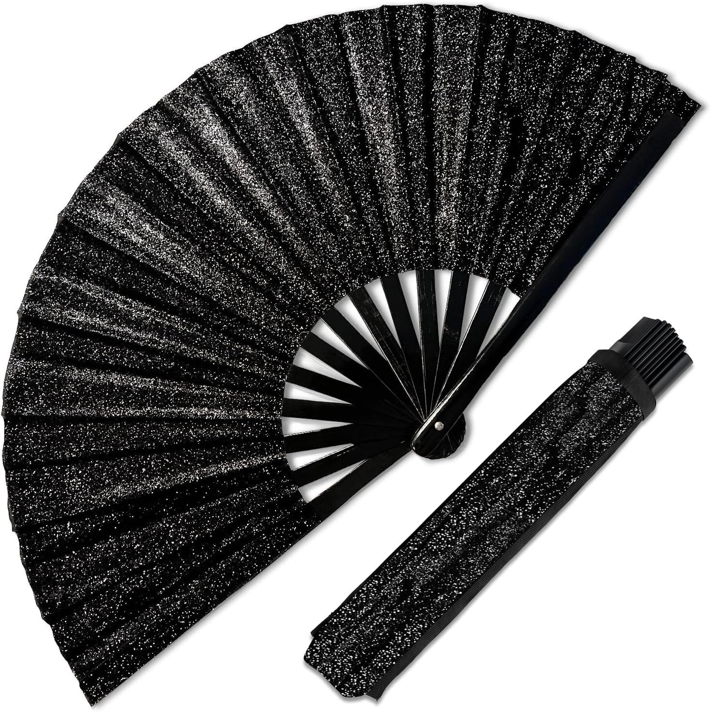 Black Glitter Folding Fan with Holster – Large Handheld Folding Fan with Loud Snap for Festival, Line Dancing, Drag, and Performance – Includes Matching Glitter Belt Holster