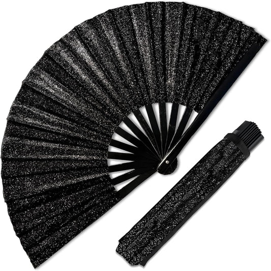 Black Glitter Folding Fan with Holster – Large Handheld Folding Fan with Loud Snap for Festival, Line Dancing, Drag, and Performance – Includes Matching Glitter Belt Holster