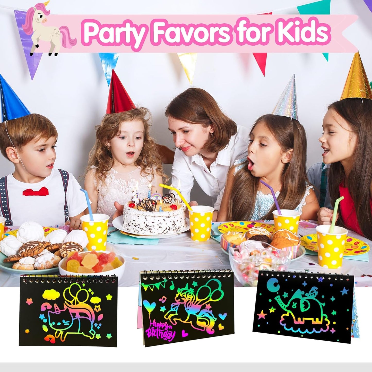 ZMLM Rainbow Scratch Party Favors Kids: Birthday Gifts Toy Bulk Scratch Art Notebook 24 Pack Birthday Goodie Bags Stuffers Girls Boys Art Craft Pad Classroom Prizes School Teacher Supplies (Unicorn)