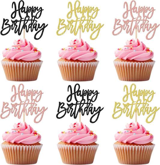 24 PCS Happy Birthday Cupcake Toppers Glitter Happy Birthday Cupcake Picks for Celebrating Anniversary Theme Party Cake Decorations Supplies Gold Black Rose Gold