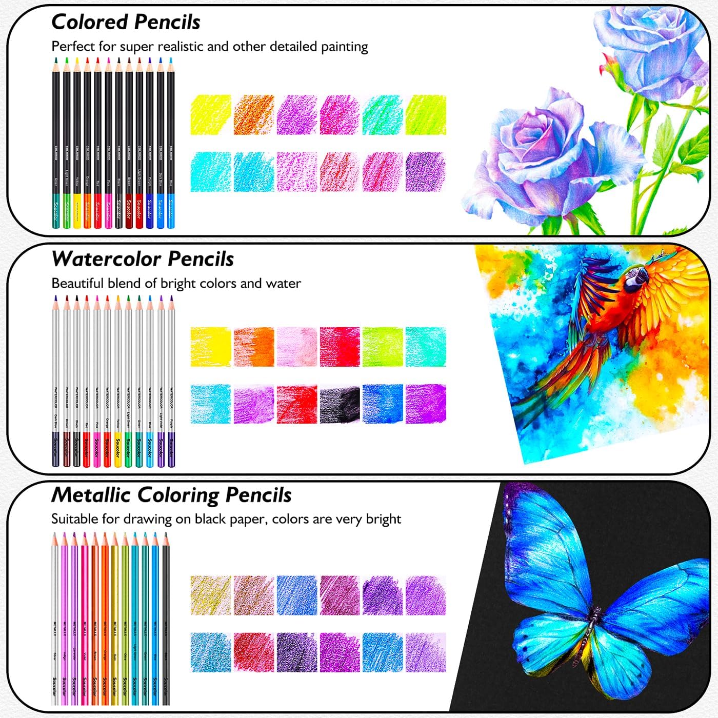 Art Supplies, Soucolor 76 Pack Drawing Set Sketching Kit, Christmas Gifts Box for Adult Kids Teen Girls: 3-Color SketchBook, Watercolor Pad, Coloring Book, Charcoal Colored Watercolor Metallic Pencils