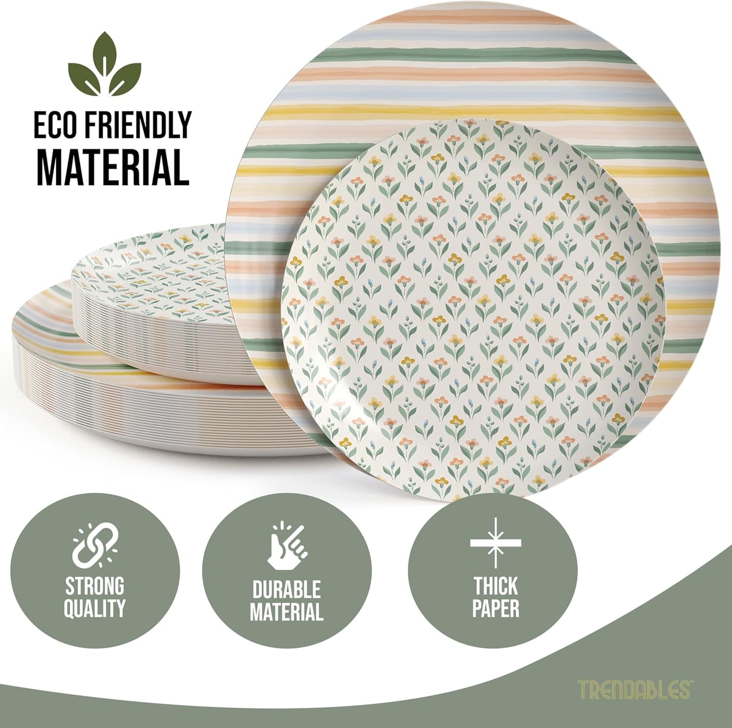 Trendables Heavy Duty Paper Plates Set For 16 Guests - 16 Each Of 8-inch And 10-inch Disposable Plates For Party - Fancy 32 Piece Dinnerware Set For All Occasions | Floral Design, Folk