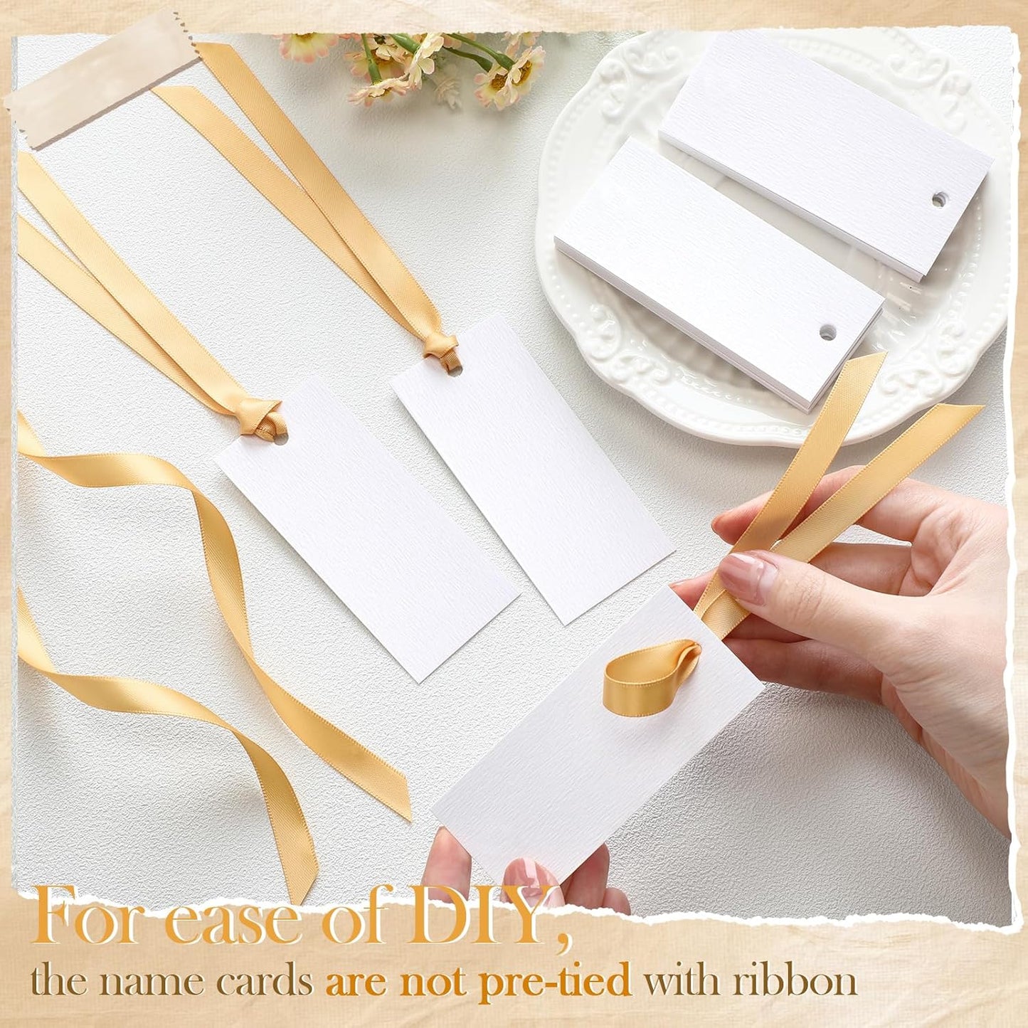 50 Pcs Name Place Cards for Table Setting Blank Wedding Place Cards with Satin Ribbon 1.57 x 3.54 Inch Hanging Gift Tags for Wedding Dinner Banquet Party Table Setting Supplies(Gold)