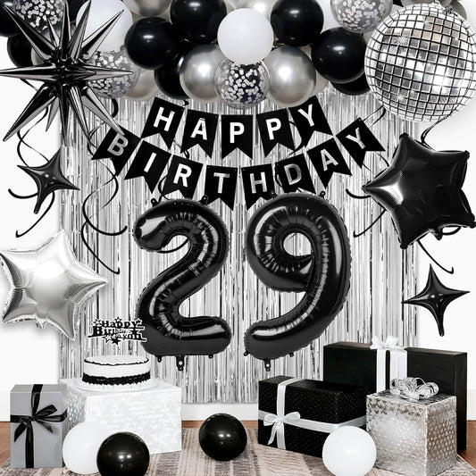 29th Birthday Decorations for Men Women, Black Silver Happy Birthday Party Decorations， 29 Year Old Party Supplies with Number 29 Balloons, Banner, Fringe Curtains Kit