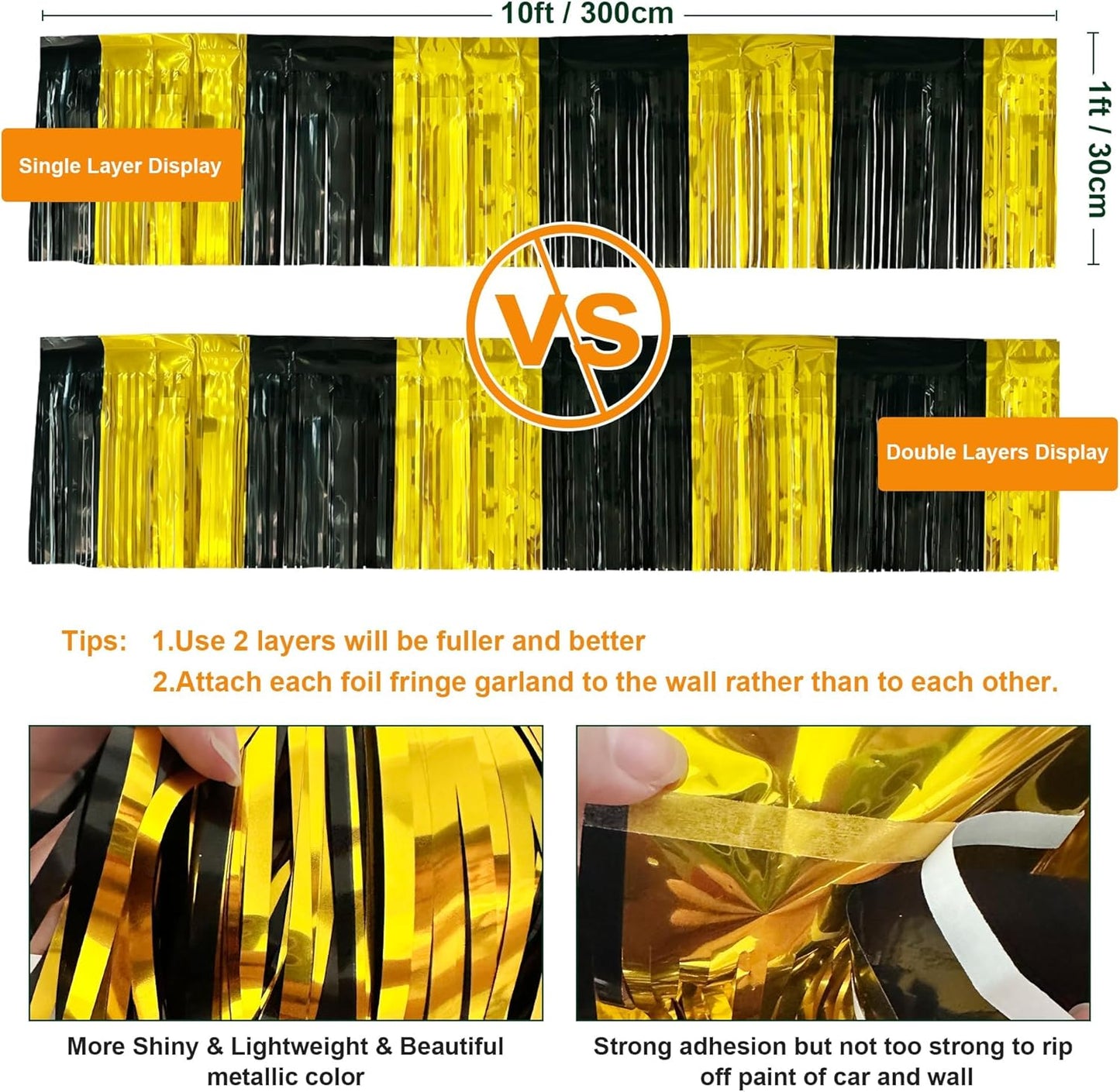 4 Pack 10 Feet Black Gold Foil Fringe Garland Metallic Tinsel Streamers Banner Fringe Curtain Banner for Parade Floats Halloween Graduation Homecoming Birthday Party Decorations (Black, Gold)