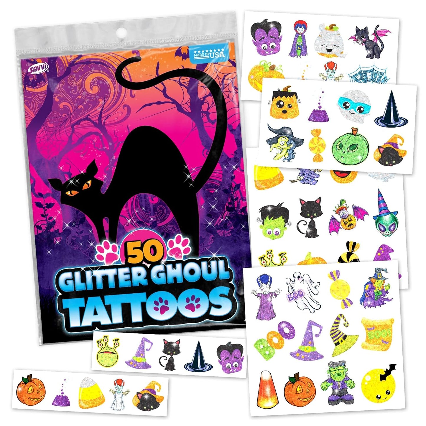 Assorted Glitter Halloween Tattoos – Sparkly Temporary Tattoos for Kids, Includes Pumpkins, Ghosts, Bats & More, Non-Toxic Party Favors & Trick-or-Treat Handouts