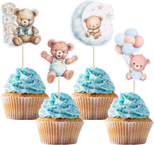 Gyufise 32Pcs Baby Shower Bear Cupcake Toppers Moon Baby Bear Baby Shower Cake Topper Decorations Jungle Animal Theme Birthday Party Cake Supplies Blue