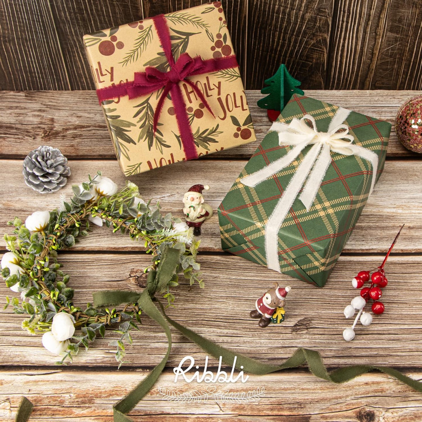 Ribbli 3 Rolls Christmas Ribbon 5/8 Inch x 18 Yards Ivory Burgundy Moss Handmade Cotton Frayed Fringe Ribbons for Gift Wrapping Wedding Invites Bridal Bouquets DIY Crafts Christmas Home Decor