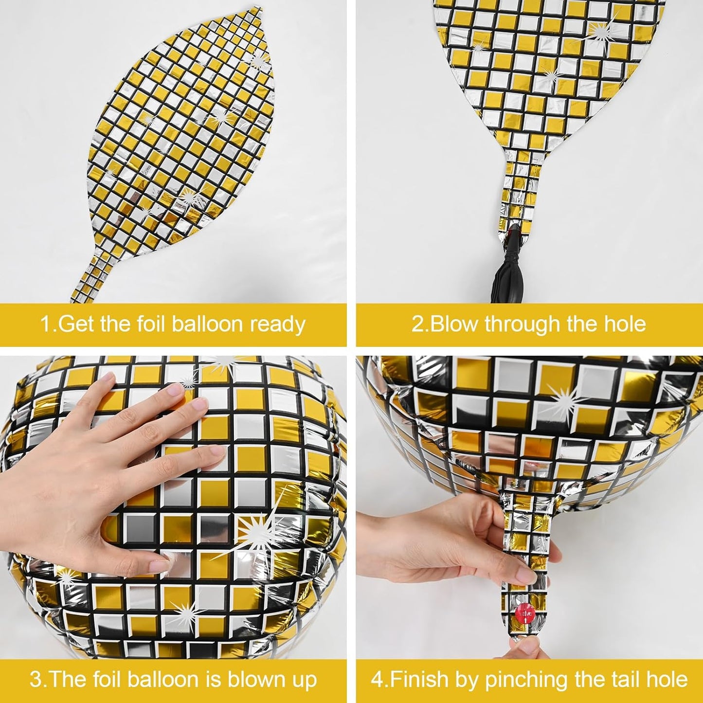 Disco Ball Balloons Gold Silve 4PC,Foil Disco Balloons 22 Inch 4D Round Metallic Gold Silver Balloon for 70s 80s Birthday Bachelorette Graduation Decorations