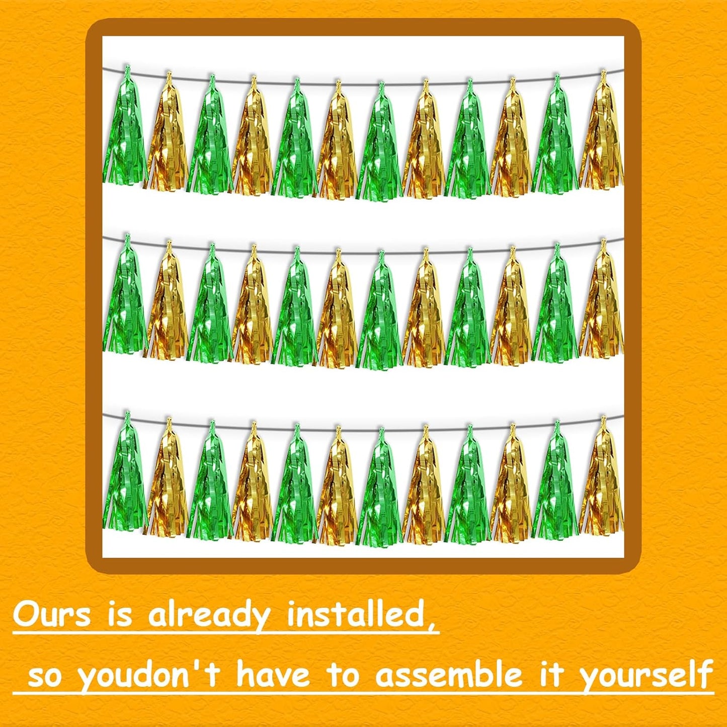 3P Sage-Green Gold Metallic Fringe Tassel Banner Garland Foil Tinsel Streamer Wall Hanging Curtain Backdrop Banners for Parade Floats, Graduation Decorations, Woodland Party Decoration