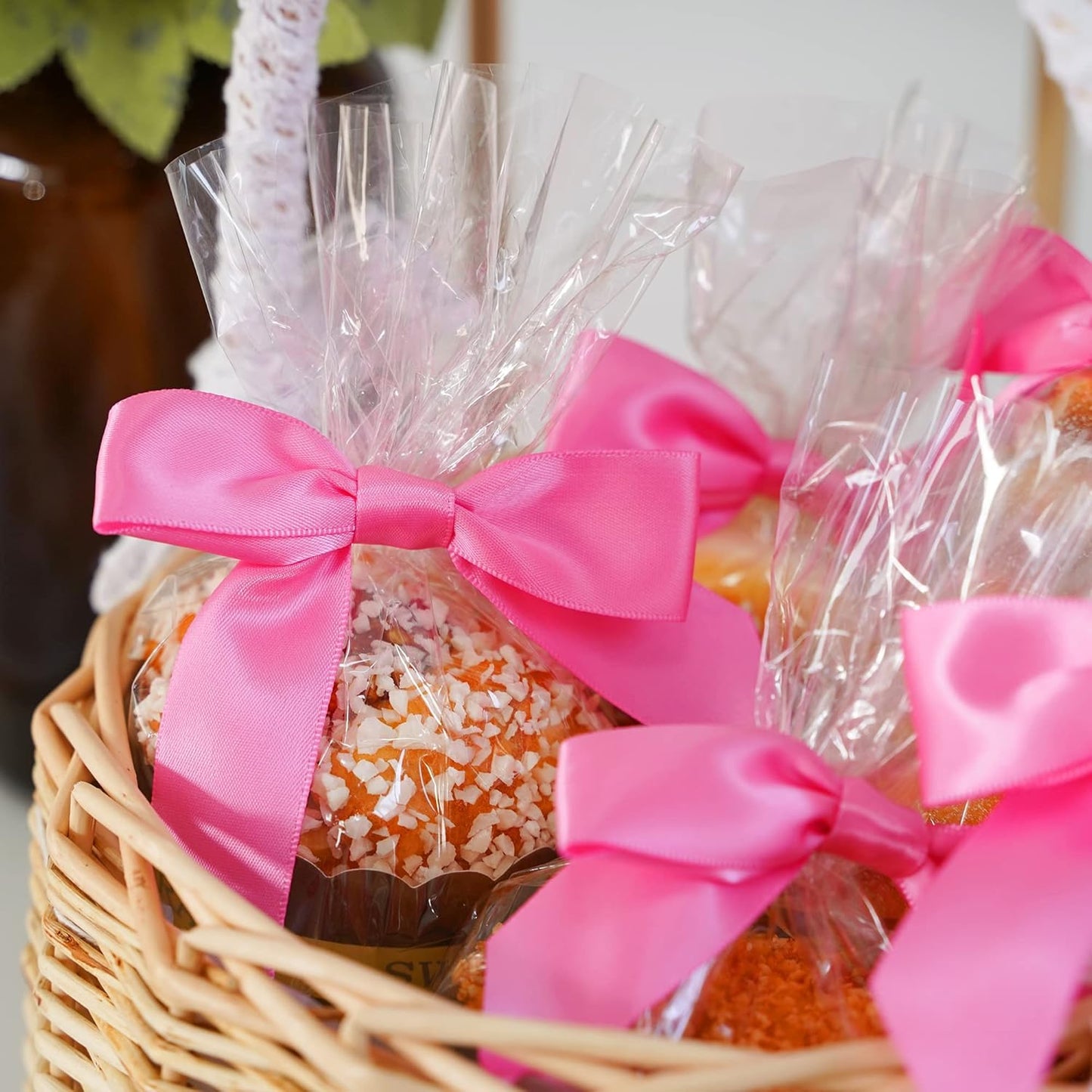 AIMUDI Hot Pink Bows 2.5" Pink Ribbon Valentine's Day Twist Tie Bow Pre Tied Bows Premade Bows for Crafts Treat Bags Cake Pop Party Decorations Candy Apple Box Wedding - 50 Counts