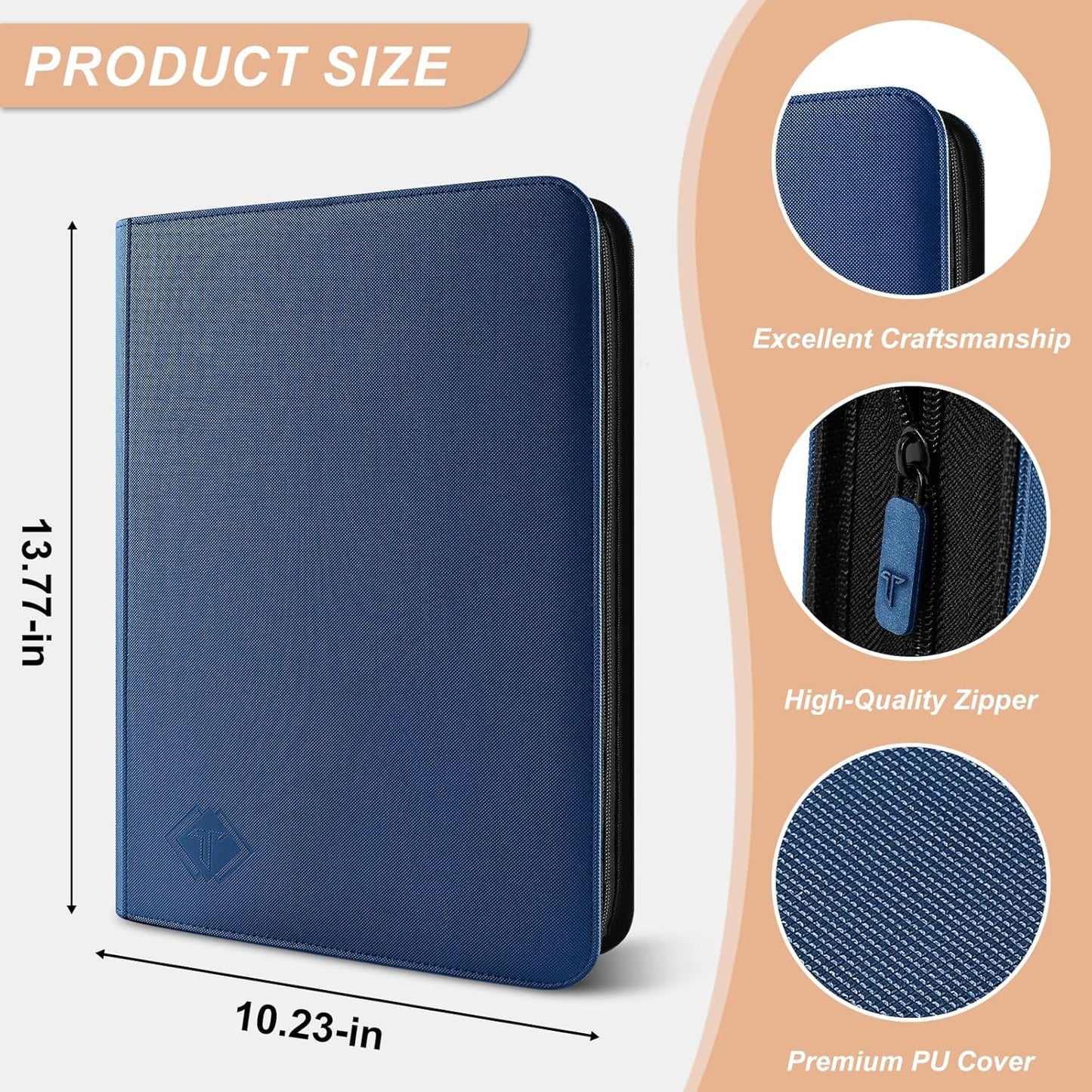 Trading Card Binder 9 Pocket, 432 Side-Loading TCG Album Folder Book Fit for MTG Baseball Football Sports Cards, Easy to Use Card Collection Binder with Zipper Blue