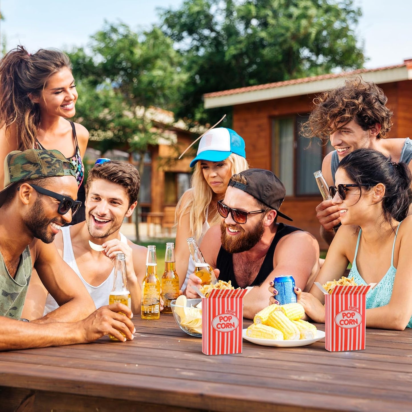 Xinnun 200 Pcs Paper Popcorn Boxes 1 oz Close Top Oil Proof Disposable Popcorn Container 6 x 4 x 2 Inch Stripes Leak Proof Popcorn Boxes for Party Movie Party Theater Night Birthday (Red)