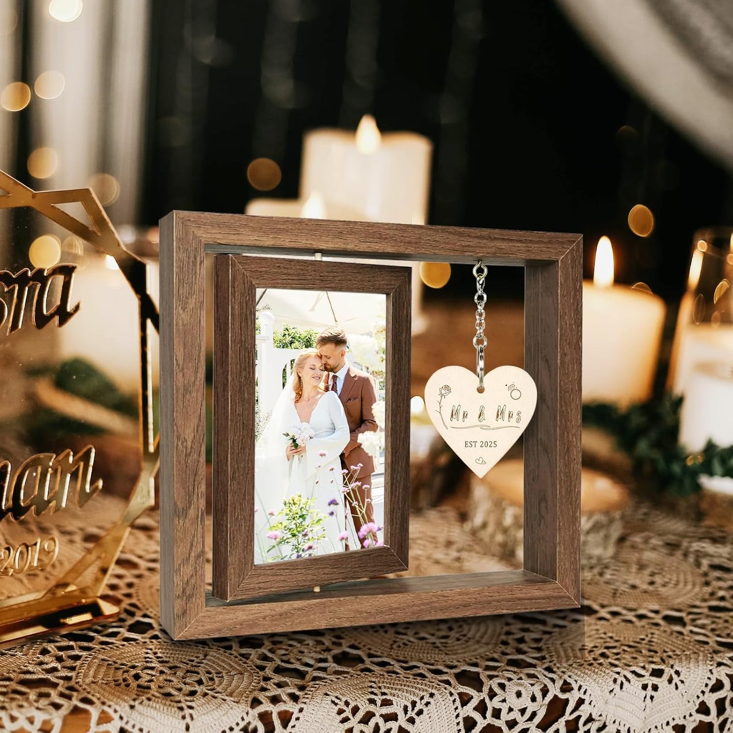 Rotating Floating Mr & Mrs EST 2025 - Let the Adventure Begin Picture Frame, Wedding Bridal Shower Gifts for Bride Newlywed Couples, Display Two 4x6