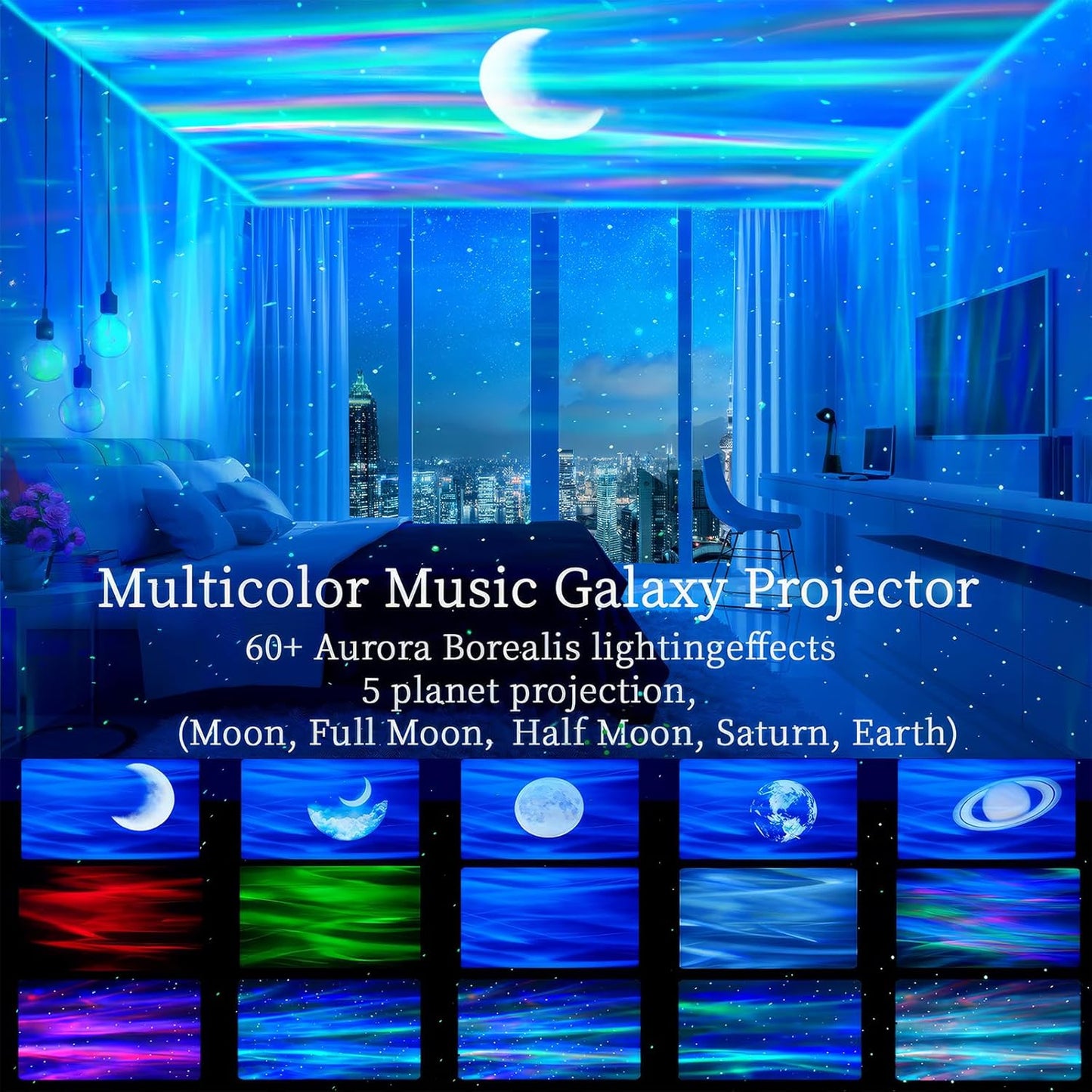 Aurora Northern Lights Projector: 60+ Light Effects White Noise Stars Sky Moon Lights for Bedroom Bluetooth Remote Timer Multi Colors, Mood Lighting Room & Classroom Decor