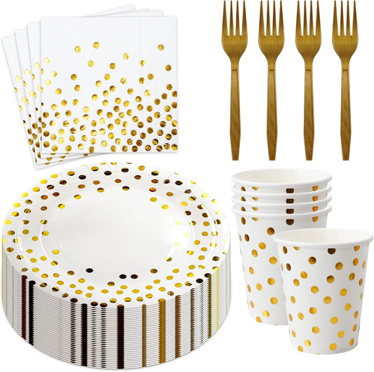 160 Pcs White and Gold Paper Plates, Forks and Cups Party Supplies, Disposable Paper Dessert Cake Plates Tableware Supplies for Birthdays, Graduations, Weddings, Holidays (40 Guests)