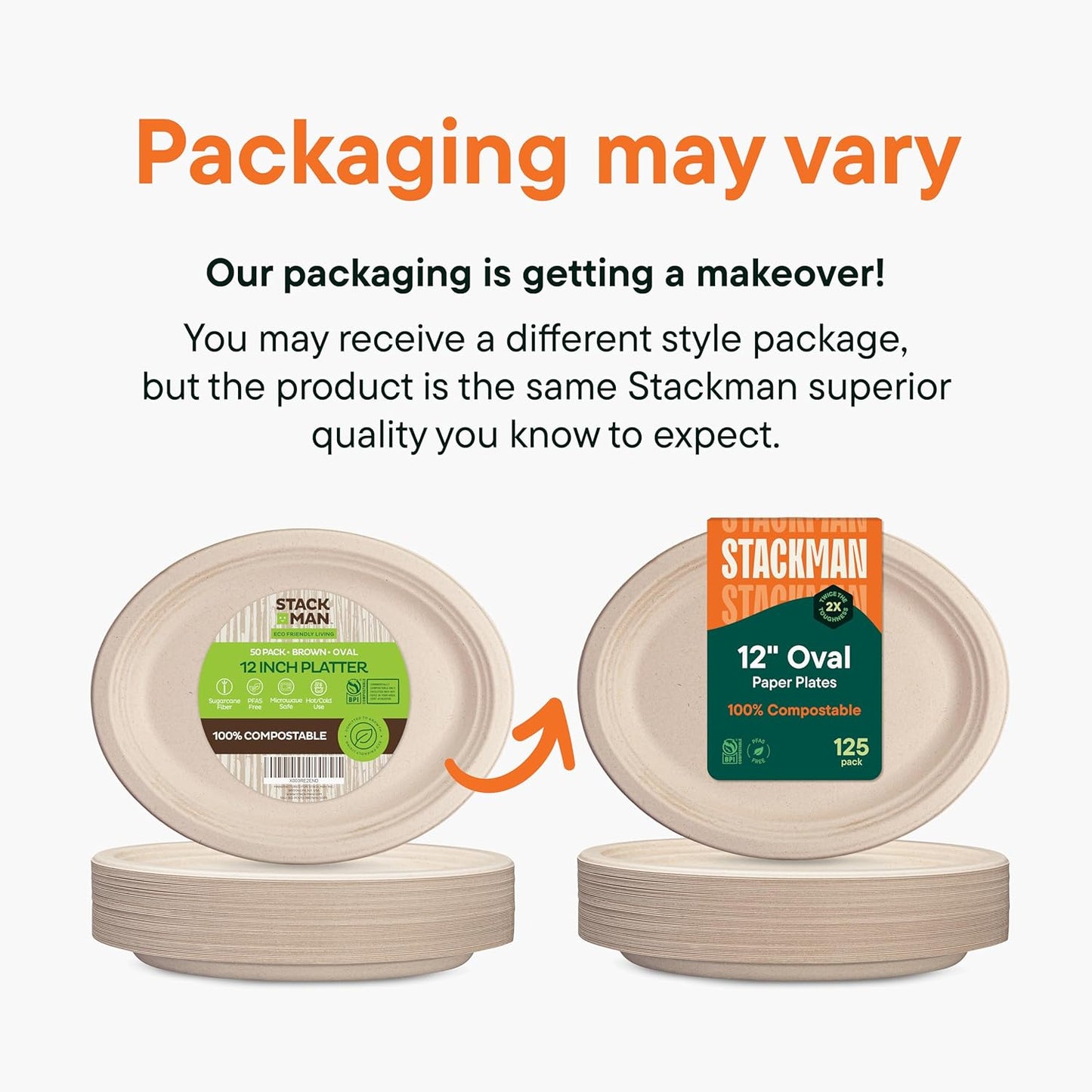 100% Compostable Oval Paper Plates [50-Pack] - {PFAS-Free} - {BPI Certified} - [12 Inch] Heavy Duty, Eco-Friendly, Biodegradable Bagasse Platters - Natural Brown 12" Oval Platter Plates by Stack Man