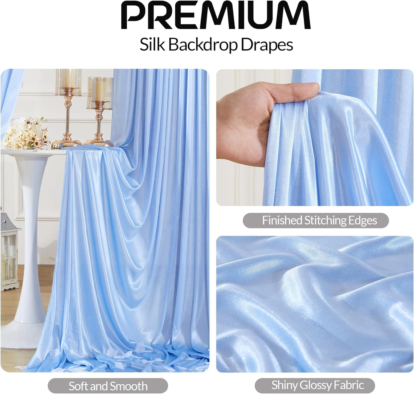 Blue Satin Backdrop Curtains 2 Panels - Glitter Photo Drapes for Baby Shower, 10x10FT Shimmer Back Drop Cloth, Wrinkle Free for Birthday Party Prom Wedding Background
