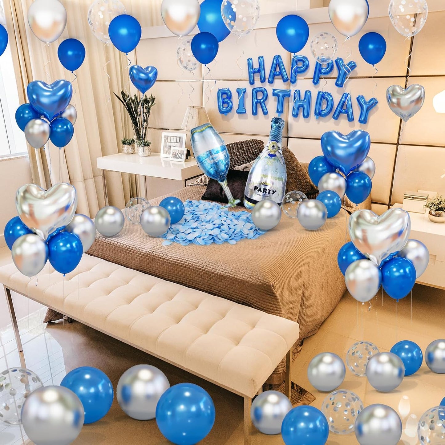 Blue Happy Birthday Decorations for Men Blue and Silver Biirthday Balloon Letters Banner with Heart-Shaped Champagne Bottle Wine Glass Balloons Rose Petals for Room Birthday Party Decor