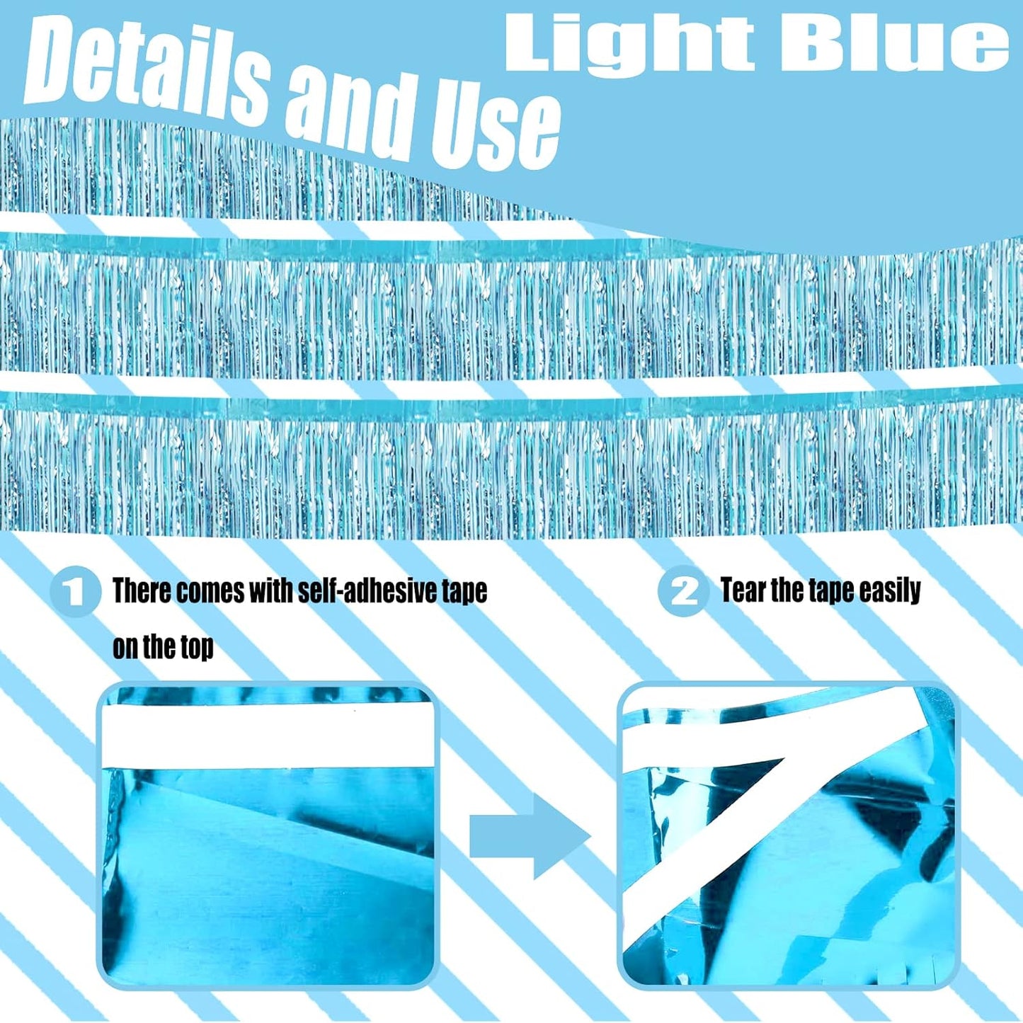 6 Pack 10 Feet Foil Fringe Garland Metallic Tinsel Streamers Banner Wall Hanging Curtain Backdrop Banner for Parade Floats, Thanksgiving, Christmas, Birthday, Halloween Party Decorations(Light Blue)