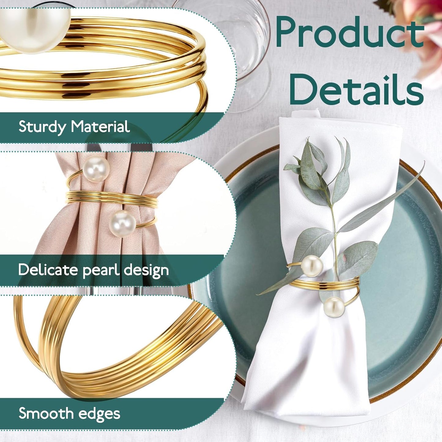 Elegant Pearl Napkin Rings, 50 Pcs Stylish Gold Napkin Ring, Delicate White&Gold Beaded Serviette Buckles for Wedding Thanksgiving Christmas Family Gathering Birthday Banquet Party Table Supplies