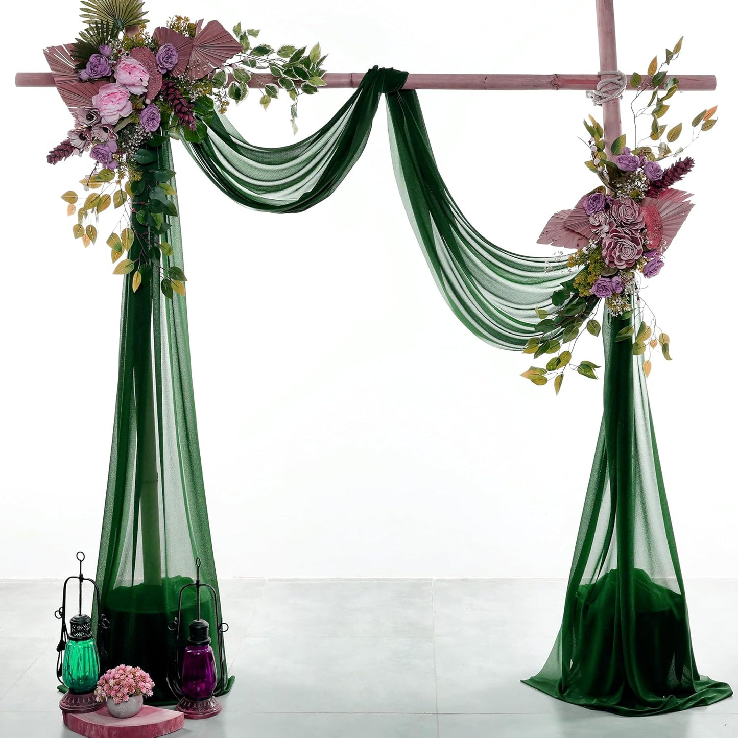 VDS Pack of 2 Panel (30 Inch X 20 Feet) Wedding Arch Draping Fabric Sheer Chiffon Fabric Drapery for Wedding Ceremony Reception Swag Backdrop Canopy Chuppah ARBO Altars Decoration (Hunter Green)