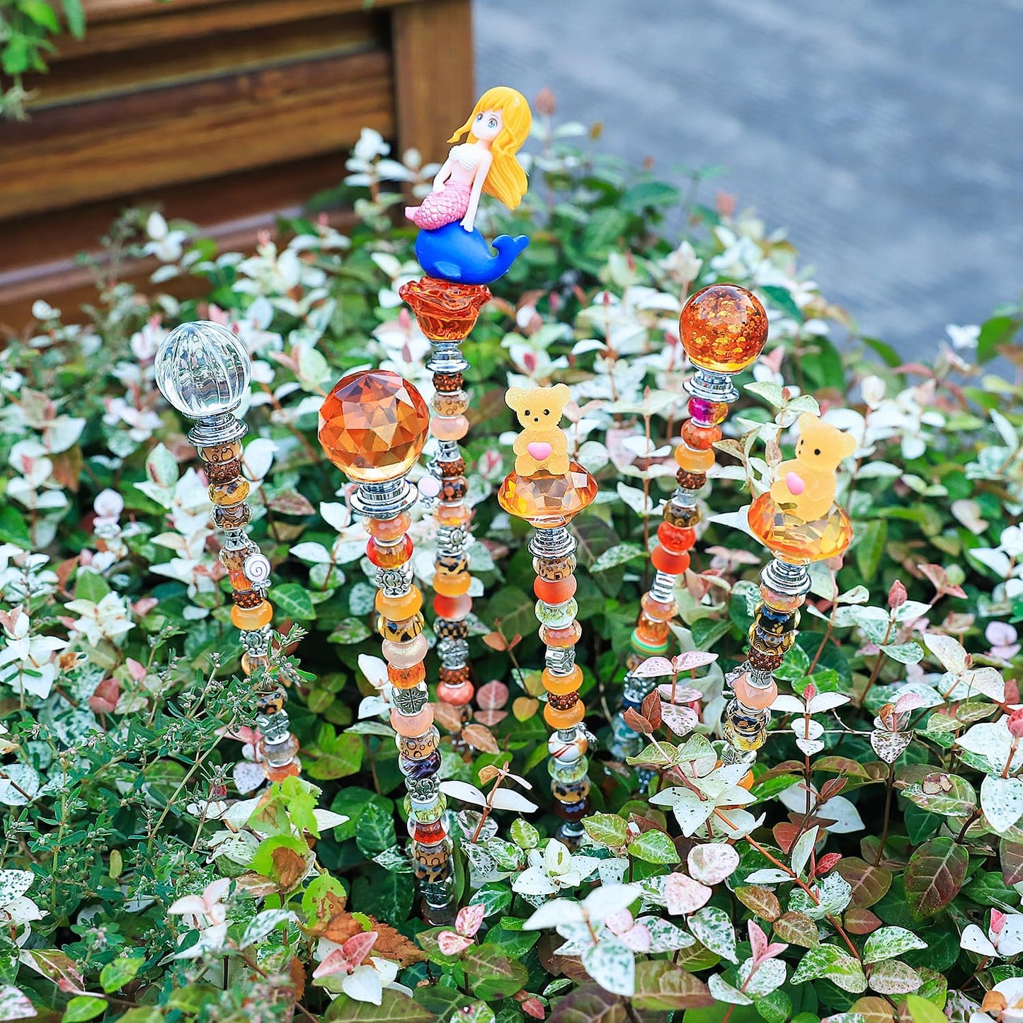 158 Pcs DIY Fairy Wand Garden Stakes Kit,Multiple Color Scheme European Beads Crystal Diamond Tops and 12 or 10 Inch Threaded Rods,Stainless Steel Stakes with Diamond Toppe (Sun)