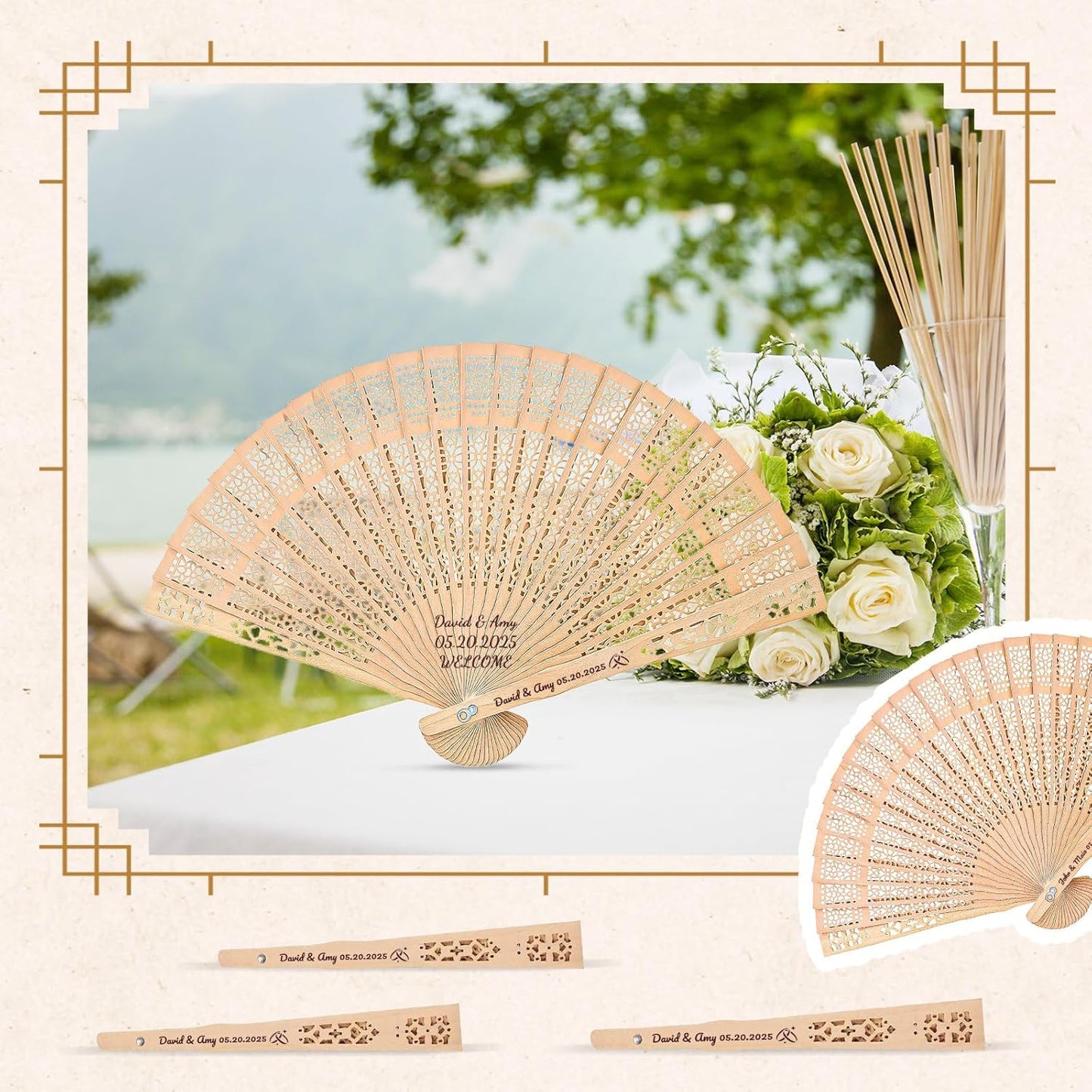 10pcs Personalized Wedding Fans for Guests - Custom Wooden Hand Fans with Names/Dates - Bulk Wedding Favors for Bridal Shower, Baby Shower & Parties (Wood, 10pcs)