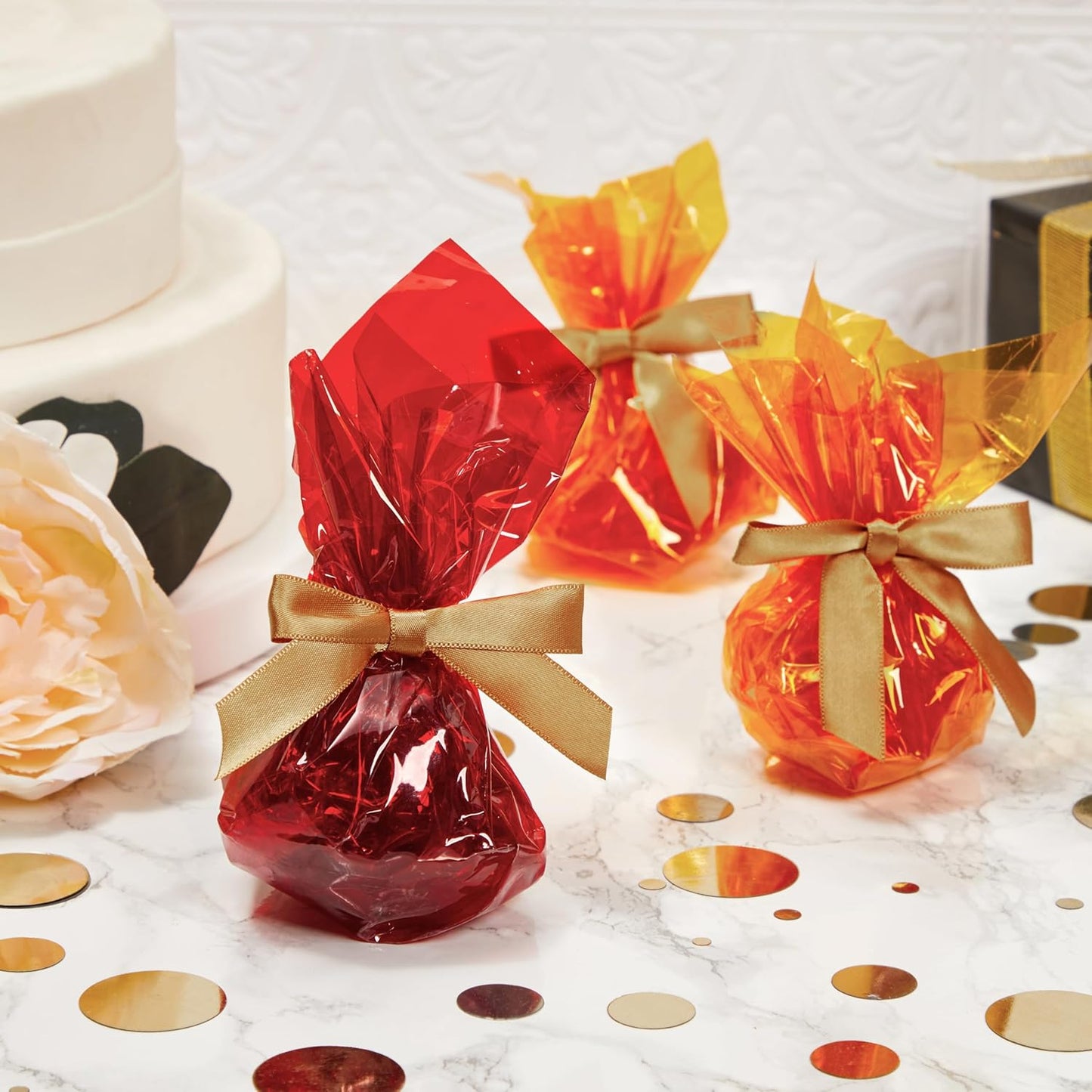 Juvale Satin Twist Tie Bows - Gold Twist Tie Bow Accents - Mini Ribbons for Crafts & Treat Bag Decor - 100 Pack, 3 x 2.5 in, 5.7 in Bands