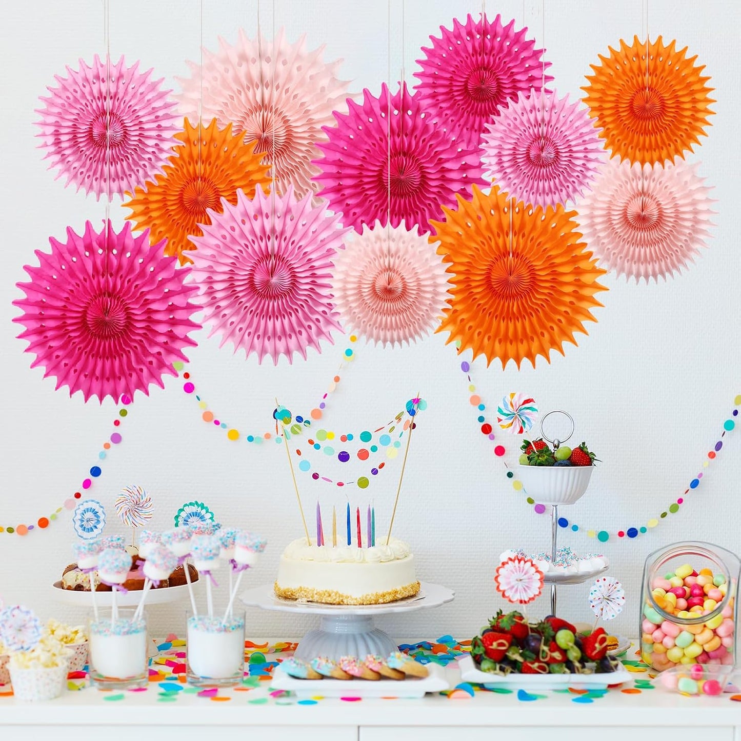 BestoFun 12PCS Paper Fans Orange and Hot Pink Party Decorations Tissue Paper Flowers Decorations for Girl Groovy Birthday Baby Shower Wedding Bachelorette Room Wall Hanging Décor