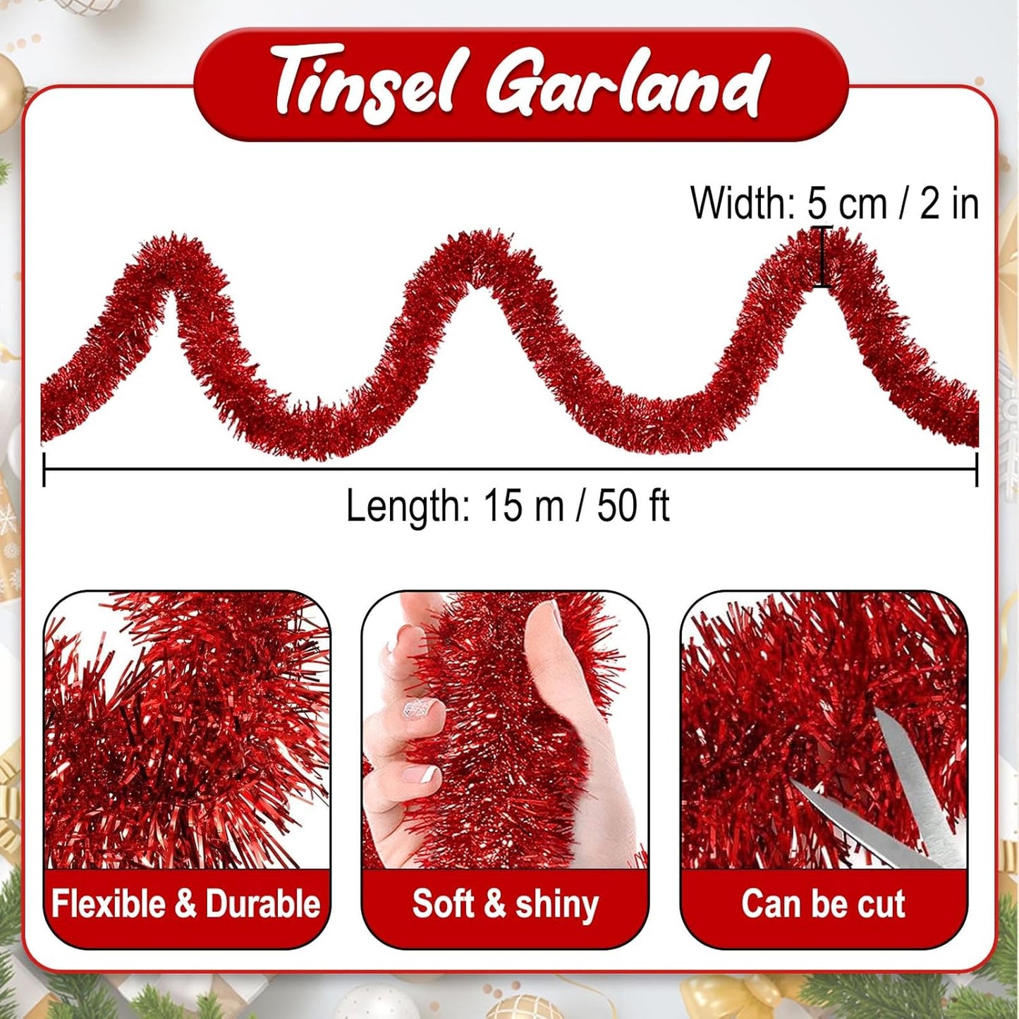 50 Feet Red Christmas Tinsel Garland, Metallic Foil Twist Banner Wall Hanging Tinsel Streamers Backdrop for Parade Floats, Christmas, Mother's Day, Birthday Party Decorations(2in x 50ft)
