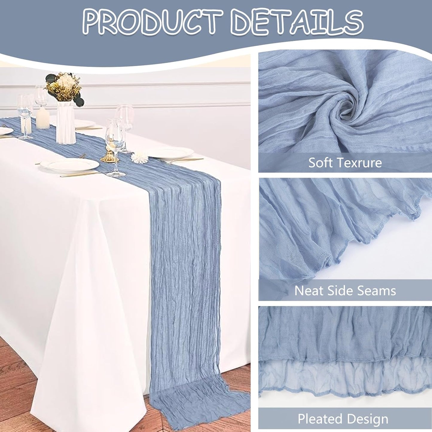 12 Pack Dusty Blue Cheesecloth Table Runner 20 x 120 inch Gauze 10FT Semi Sheer Boho Fabric Cheese Cloth Table Runner for Wedding Party Birthday Baby Bridal Shower