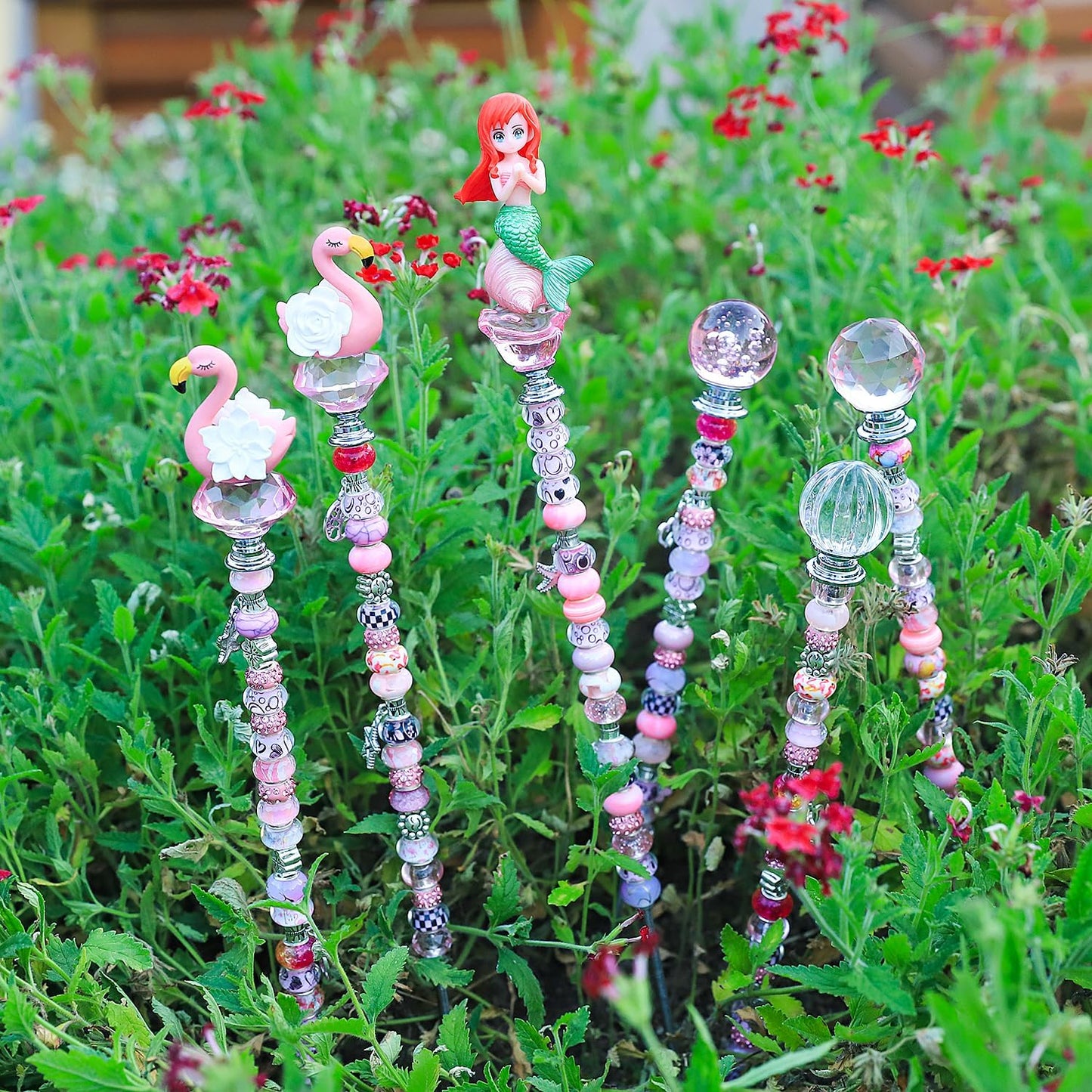 158 Pcs DIY Fairy Wand Garden Stakes Kit,Multiple Color Scheme European Beads Crystal Diamond Tops and 12 or 10 Inch Threaded Rods,Stainless Steel Stakes with Diamond Toppe(Pink)