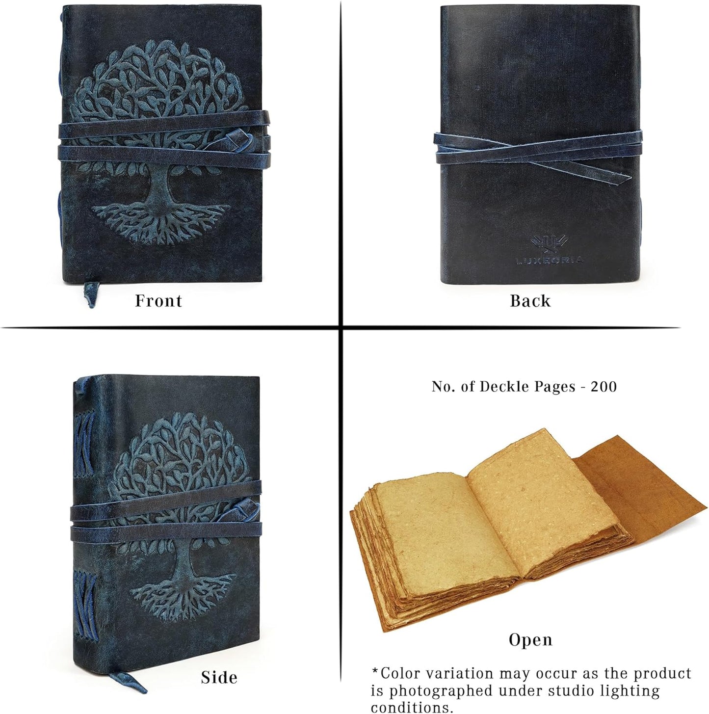 LUXEORIA Tree Of Life Leather Journal for Women and Men, Handcrafted Leather Journal for Writing Womens, Sketchbook, Travel Diary with Unlined Deckle Paper, Dark Blue 5x7