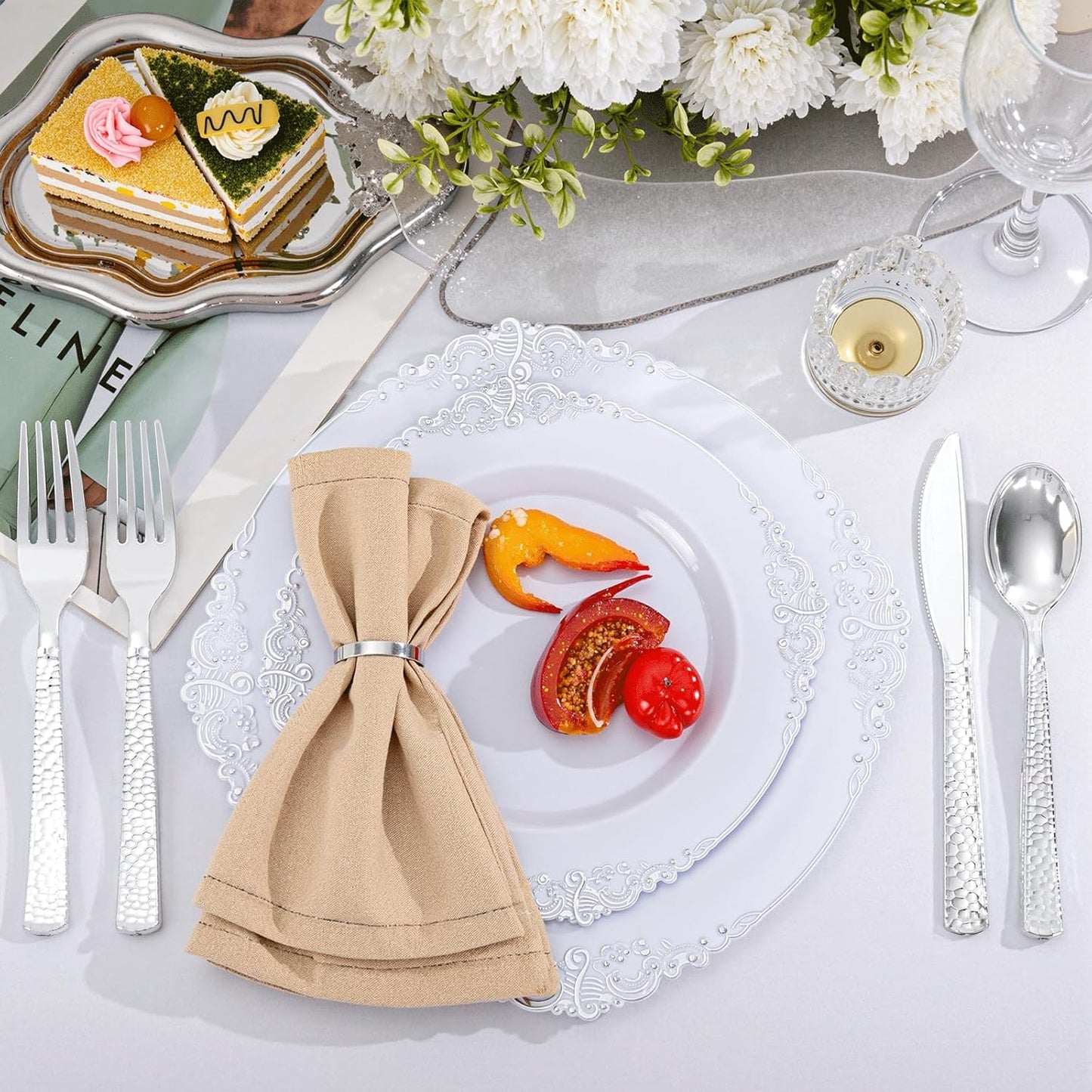 300Pieces Silver Plastic Silverware - Hammered Disposable Utensils - Heavy Duty Plastic Cutlery Set Includes 100 Forks, 100 Spoons, 100 Knives for Dinner Parties Weddings